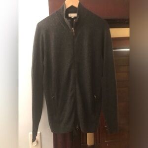 Kinross 100% cashmere  Gray Full-Zip Sweater cardigan with brown accents